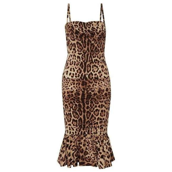 Dolce & Gabbana - Ruched Leopard Print Silk Cady Midi Dress - IT 38